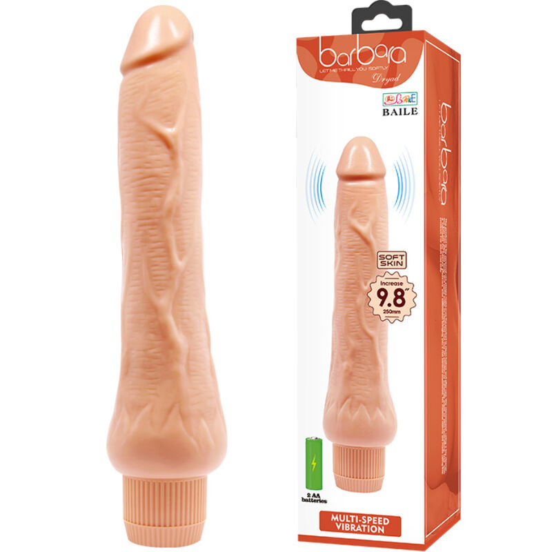 Vibrador realista Baile Barbara en color piel, con la caja del producto al lado.