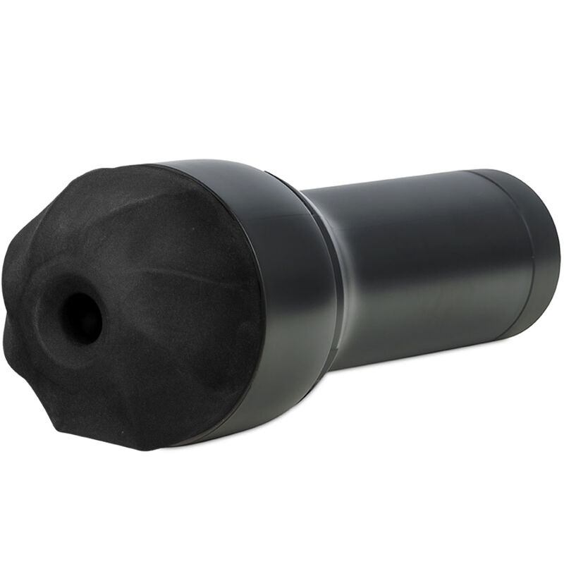 Kiiroo FeelSensation Stroker negro en vista frontal inclinada, con la abertura visible