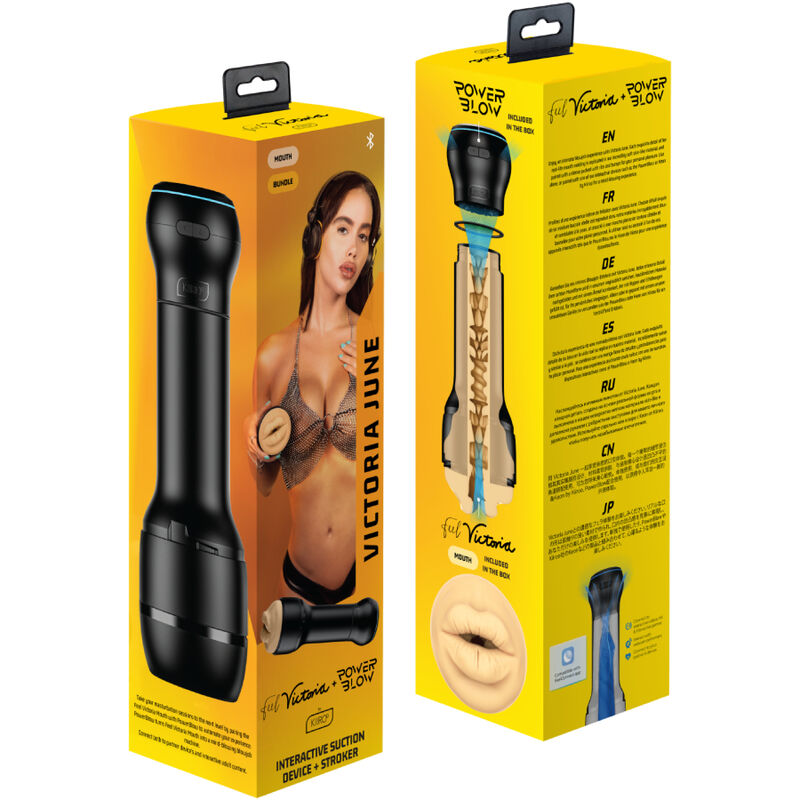 Cajas del combo Kiiroo PowerBlow y Mouth Stroker con branding de Victoria June.