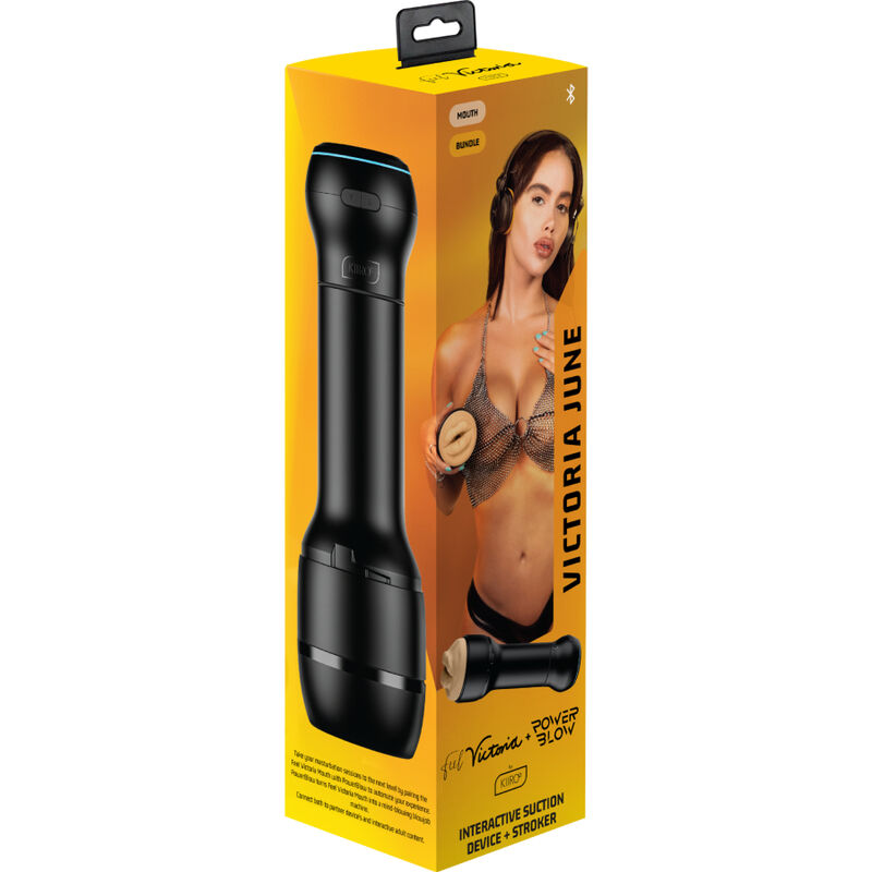 Caja del producto Kiiroo PowerBlow y FeelVictoria Mouth Stroker, con dispositivo negro ilustrado.