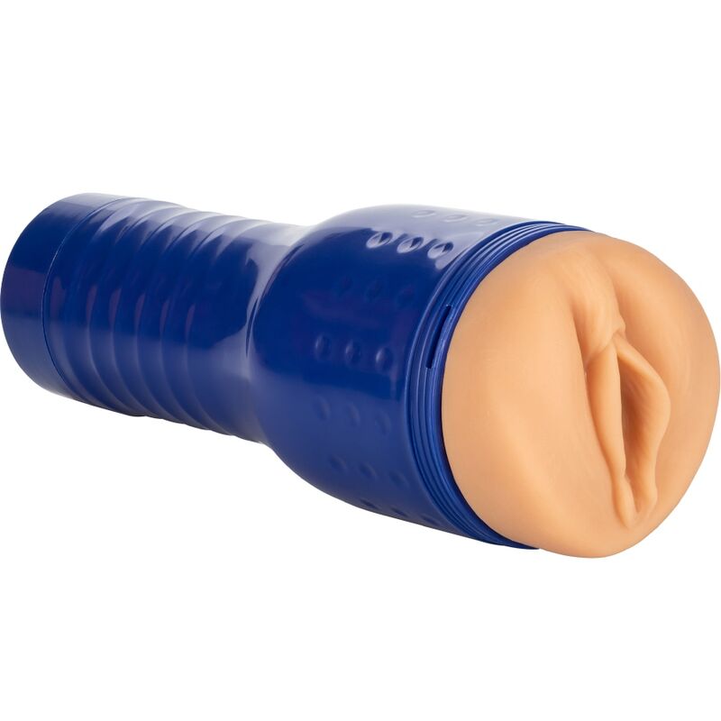 Masturbador vaginal Private Gabi Gold Pornstar azul con abertura color carne, vista frontal.