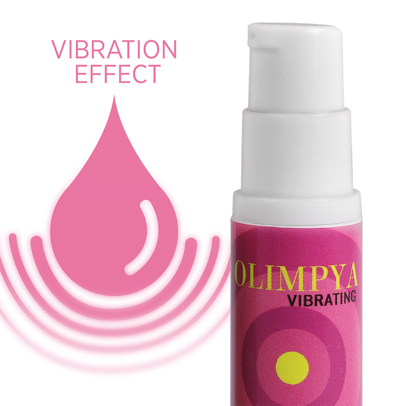 OLIMPYA Vibrating Pleasure en frasco con bomba blanco y etiqueta rosa, con gráfico de efecto vibración.