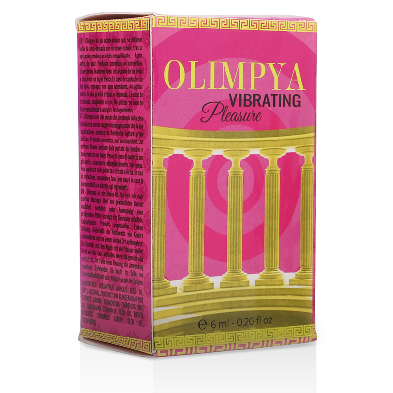 Caja del producto OLIMPYA Vibrating Pleasure en rosa y dorado, vista frontal y lateral.