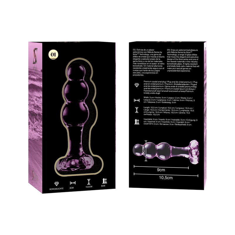 Caja del Nebula Series by Ibiza Model 1 con plug anal de vidrio morado y medidas impresas.