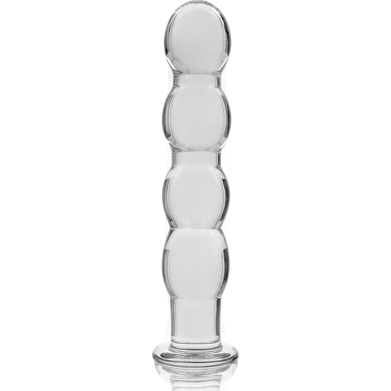 Tapón anal de vidrio Nebula Series by Ibiza, vista frontal con diseño de bolas y base ancha.