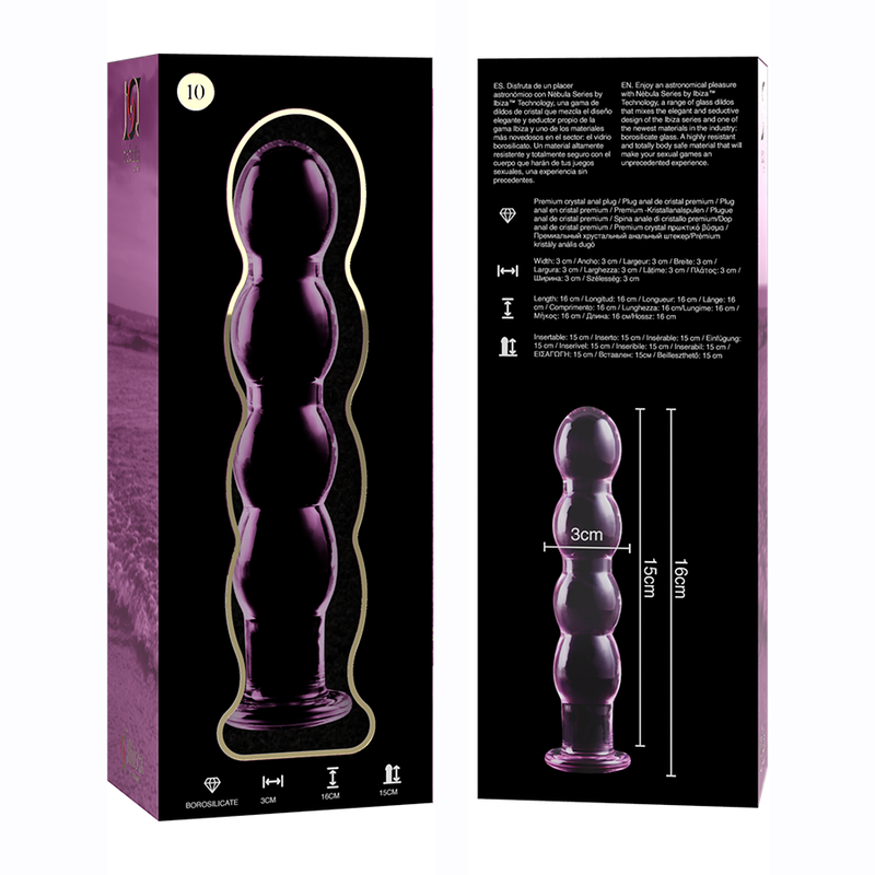 Caja del tapón anal de vidrio NEBULA Series by Ibiza, vista frontal y trasera con medidas.
