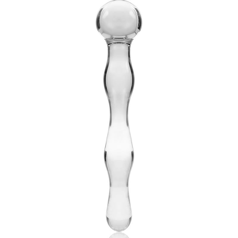 Dildo de cristal transparente Nebula Series by Ibiza, vista frontal de cuerpo curvado.