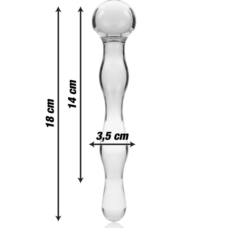 Guía de medidas del dildo de cristal transparente Nebula Series by Ibiza, con 18 cm de largo y 3,5 cm de ancho