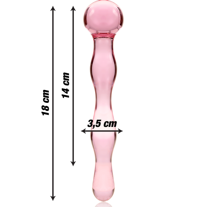 Guía de tallas del Nebula Series by Ibiza Modelo 13 en cristal rosa transparente, con medidas de 18 cm y 3,5 cm.