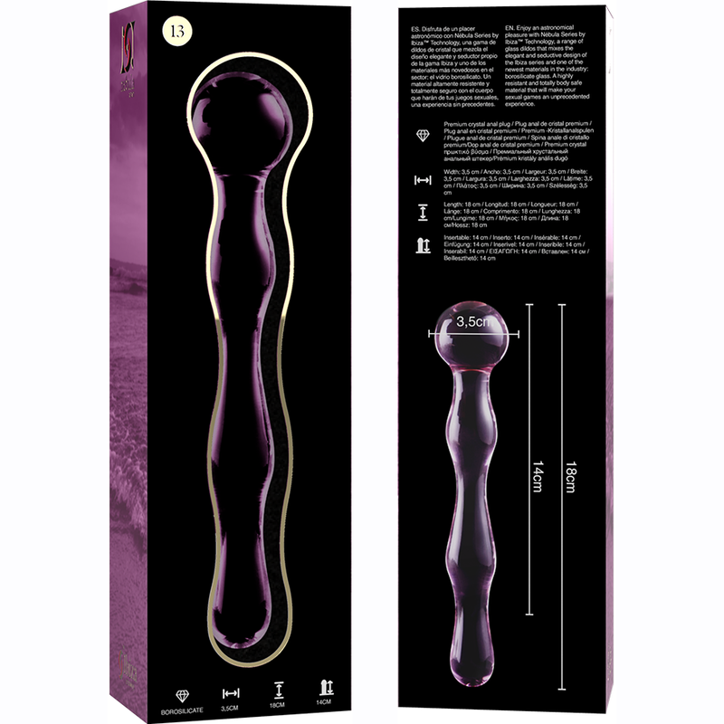 Caja del producto Nebula Series by Ibiza Modelo 13 con silueta del dildo y medidas visibles.