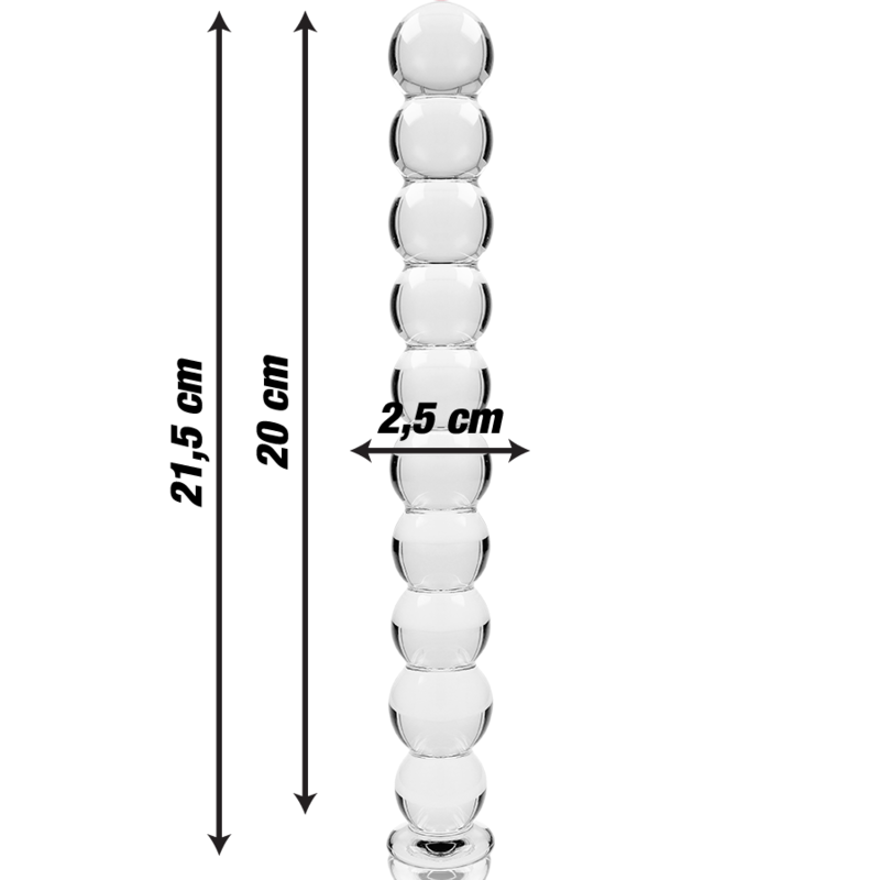 Guía de medidas del dildo de vidrio NEBULA Series by Ibiza Modelo 22, con 21,5 cm de largo y 2,5 cm de diámetro.