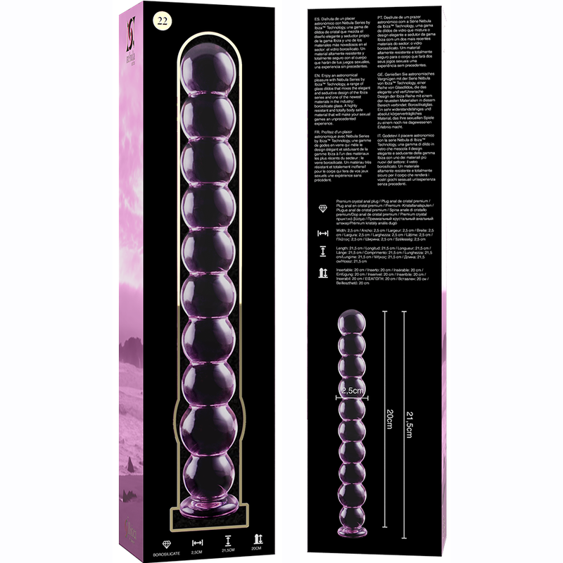 Caja del producto Nebula Series by Ibiza Modelo 22 con ilustración del dildo de vidrio y medidas visibles en el reverso.