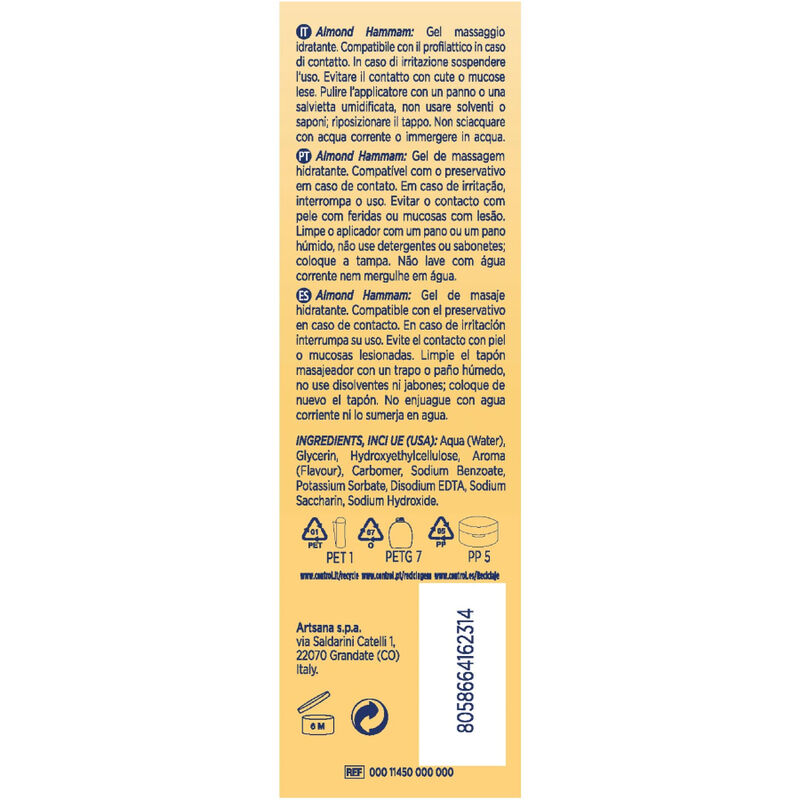 Caja trasera de Control Lubes Almond Hammam con texto e ingredientes visibles