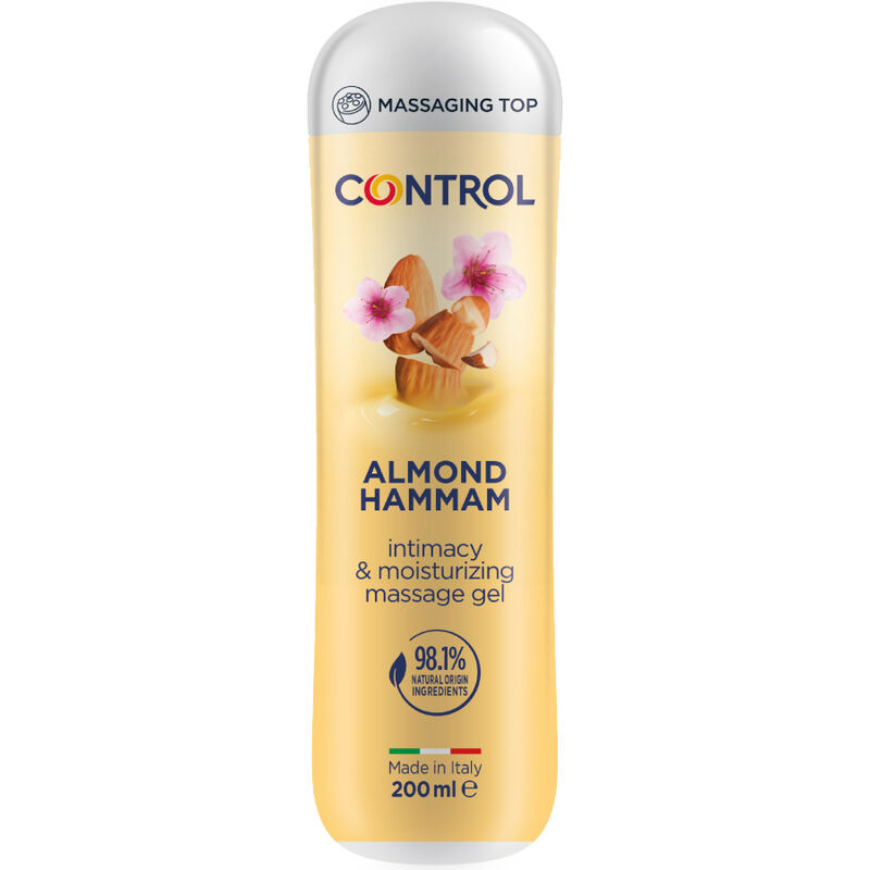 Control Lubes Almond Hammam en botella amarilla, vista frontal.