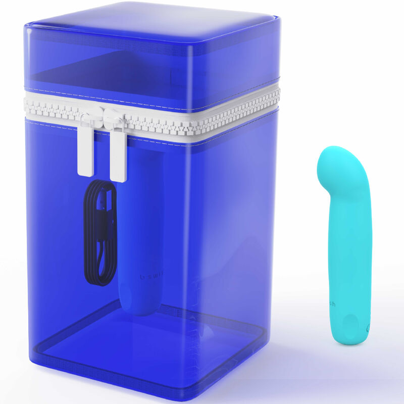 B Swish Bcute Curve Infinite Classic en azul con estuche transparente y vibrador turquesa visible.