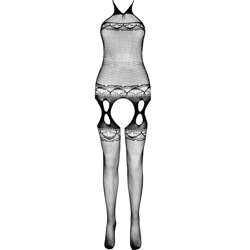 Bodystocking Passion Woman Bodystockings negro de rejilla, vista frontal con aberturas laterales.