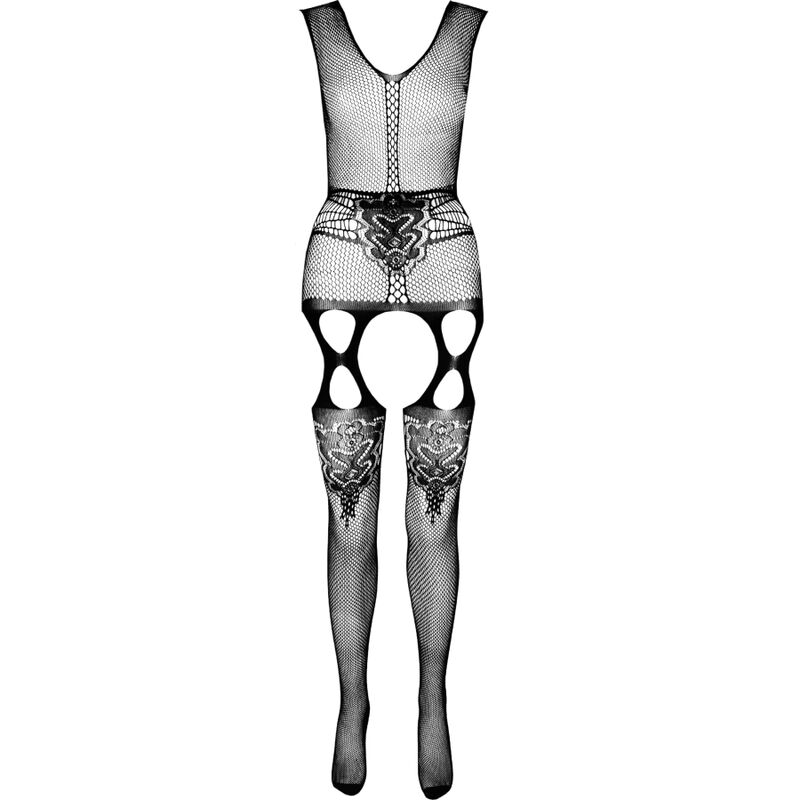 Bodystocking Passion Woman en red negra, vista frontal con detalles decorativos y aberturas en cadera y torso.
