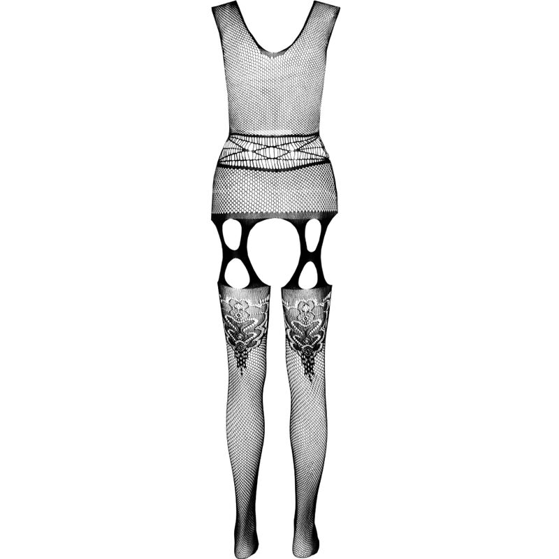Bodystocking Passion Woman negro de rejilla, vista frontal con aberturas en caderas y muslos.