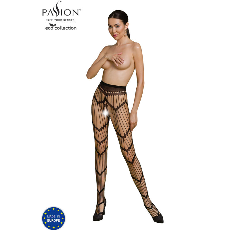Bodystocking Passion Eco Collection S006 negro con patrón calado, visto en cuerpo entero.
