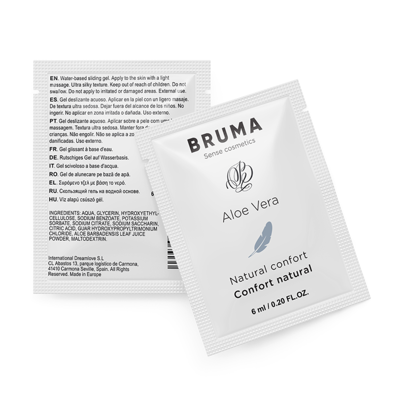 Sobres monodosis BRUMA Aloe Vera Confort natural de 6 ml, con el anverso y el reverso visibles.