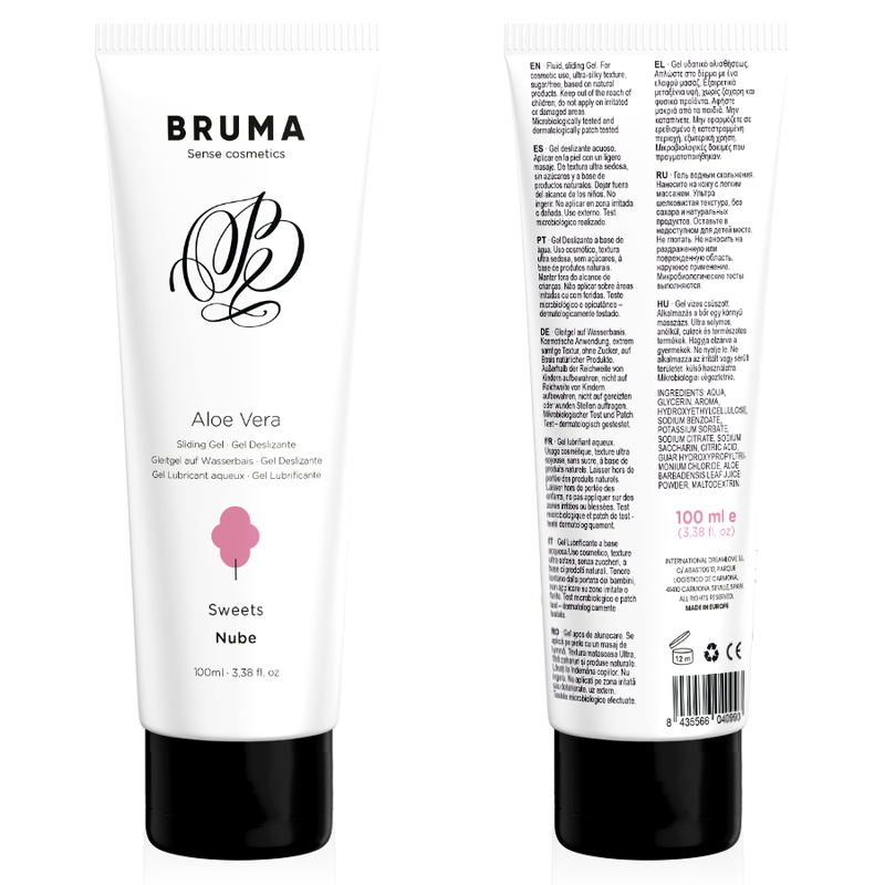 BRUMA gel lubricante Aloe Vera Nube, tubo blanco con tapón negro, vistas frontal y trasera.