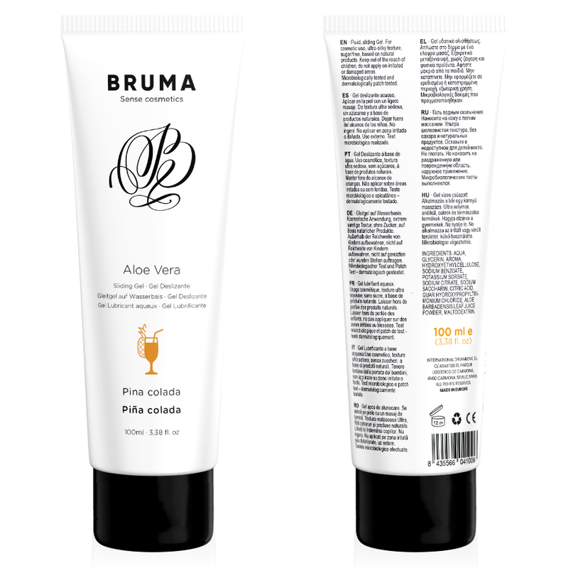 Gel lubricante BRUMA Aloe Vera sabor Piña Colada en tubo blanco de 100 ml, con vista frontal y trasera.
