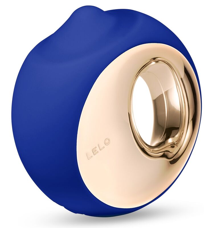 LELO ORA 3 azul medianoche, vista frontal con abertura metálica dorada.