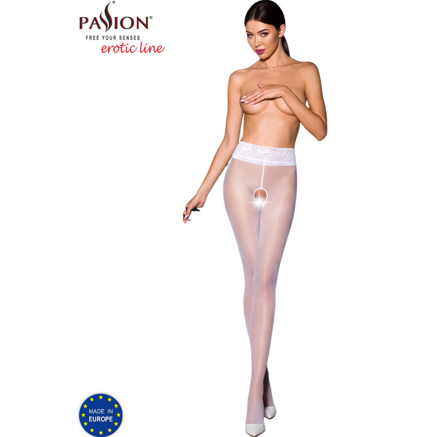 PASSION TIOPEN 008, medias transparentes con cintura de encaje y abertura en la entrepierna.