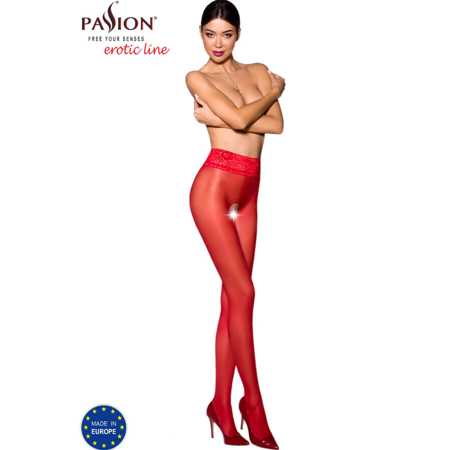Medias Passion TIOPEN 008 rojas con cintura de encaje y abertura en la entrepierna, vistas en modelo.