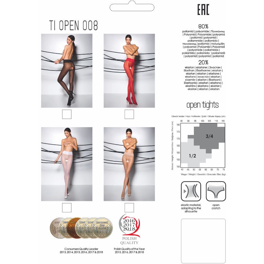 Parte trasera de la caja de PASSION TIOPEN 008 con cuatro fotos del modelo y tabla de tallas.
