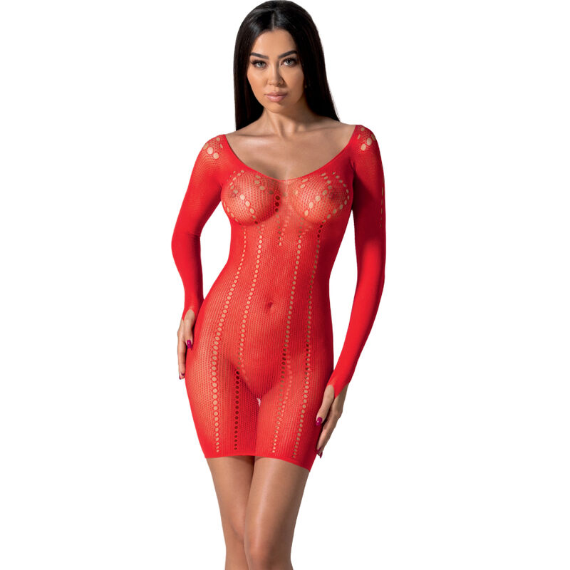 Bodystocking rojo PASSION BS101 de manga larga, vista frontal sobre modelo.