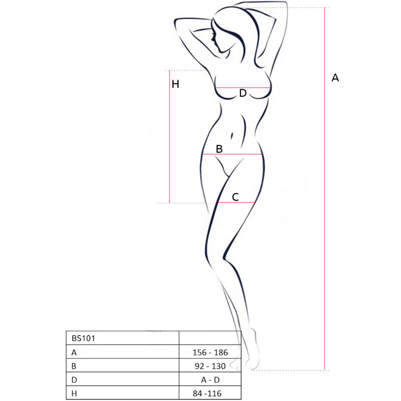 Tabla de tallas del bodystocking PASSION BS101 con silueta y medidas A, B, D y H.