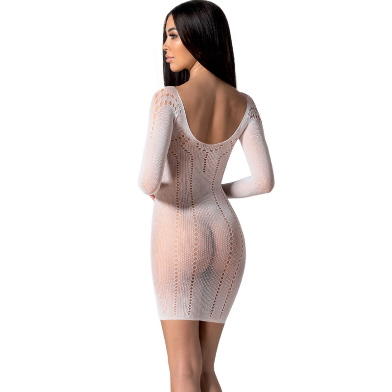 PASSION BS101 bodystocking blanco de espalda, con manga larga y espalda abierta.