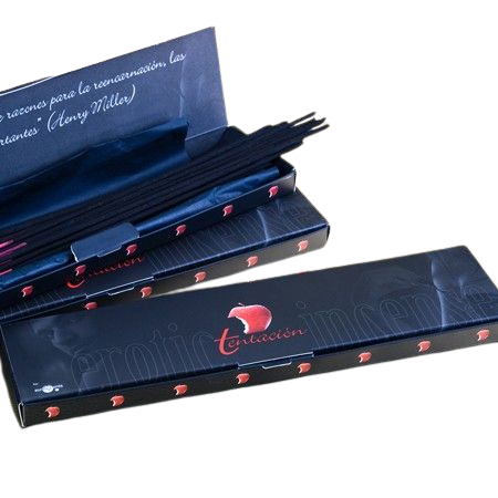 Caja de incienso TENTACION parcialmente abierta con varillas visibles y detalles rojos.