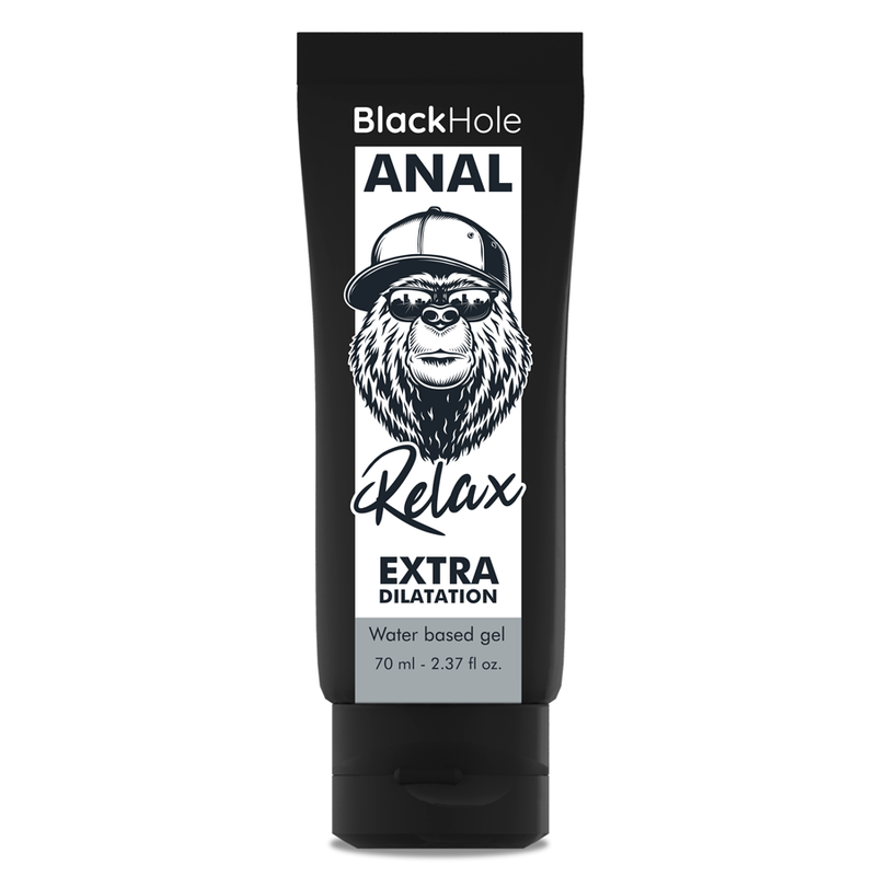Gel BLACK HOLE Anal Relax en tubo negro, vista frontal.