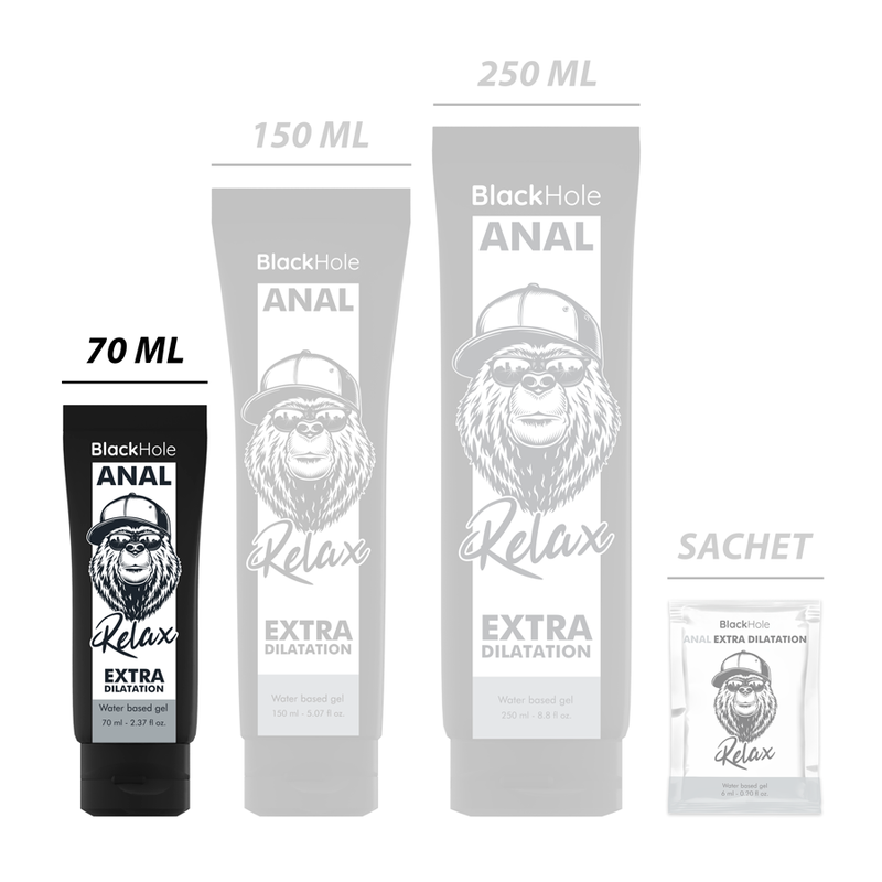 Guía de tamaños de BLACK HOLE Anal Relax con tubo de 70 ml, 150 ml, 250 ml y sachet.