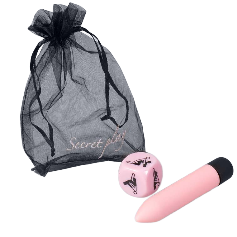 Kit Secretplay Sensual Feelings con bolsa negra de malla, dado rosa y bala vibradora rosa