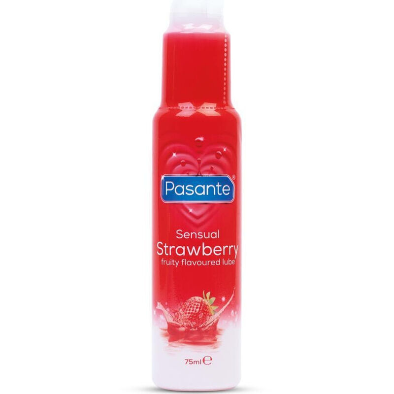 Pasante lubricante sabor fresa en botella roja, vista frontal