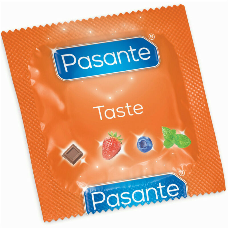 Sachet naranja de Pasante Taste con iconos de frutas.