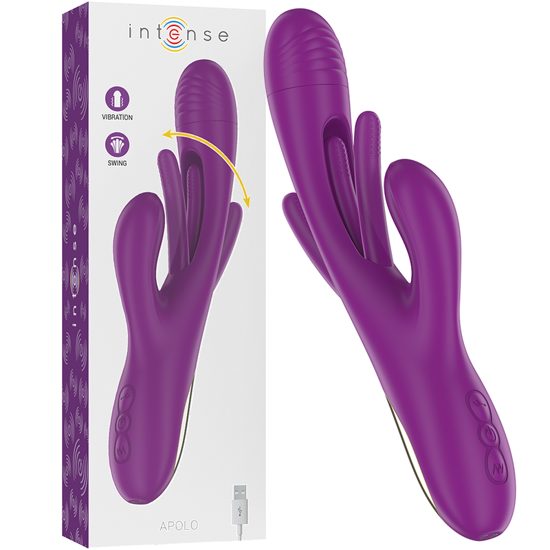 Vibrador Intense Apolo morado con ribete dorado, junto a la caja del producto.