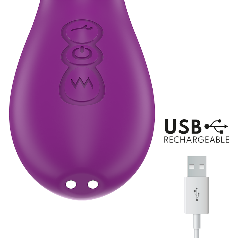 Detalle del vibrador INTENSE Apolo morado con botones de control y cable USB.