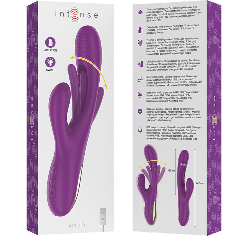 Caja del producto Intense Apolo en morado, con ilustración frontal y detalles laterales del envase.