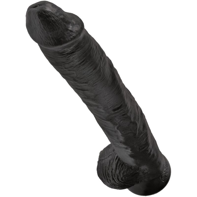 King Cock dildo realista negro, en vista lateral inclinada.