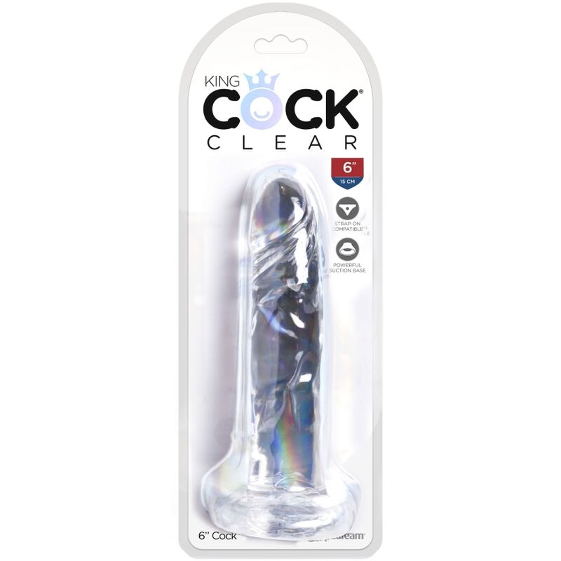 Caja del producto KING COCK Clear con dildo transparente visible en blíster, 6 pulgadas.