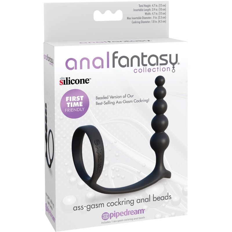 Caja del producto Anal Fantasy Elite Collection con plug anal negro y anilla integrada ilustrados.