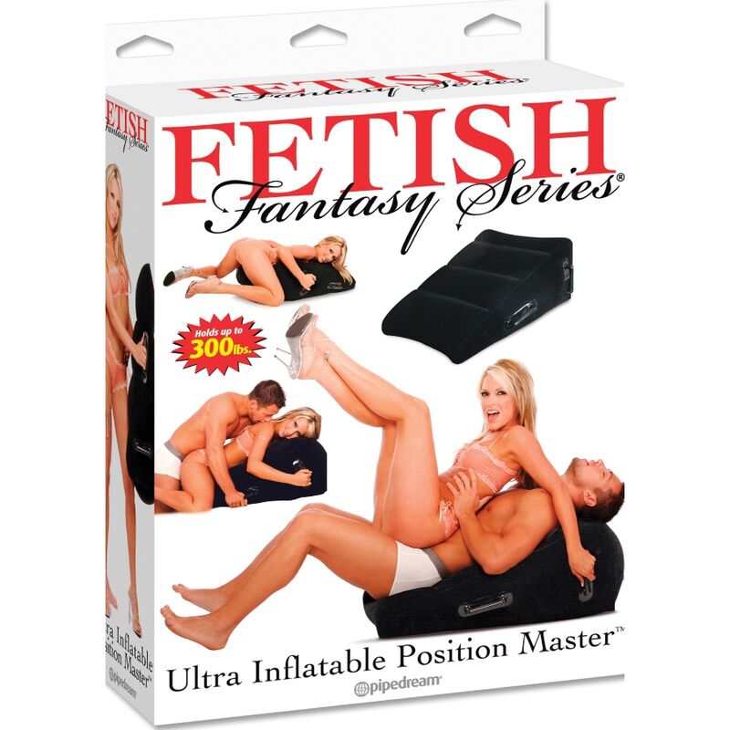 Caja del producto Fetish Fantasy Series Ultra Inflatable Position Master Pillow con fotos del cojín negro inflable.