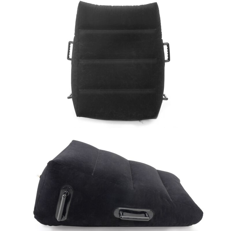 Fetish Fantasy Series Ultra Inflatable Position Master Pillow negro, en dos vistas laterales.
