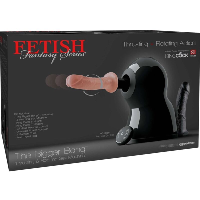 Caja del producto Fetish Fantasy Series Bigger Bang, en negro, con el aparato y el mando inalámbrico visibles.