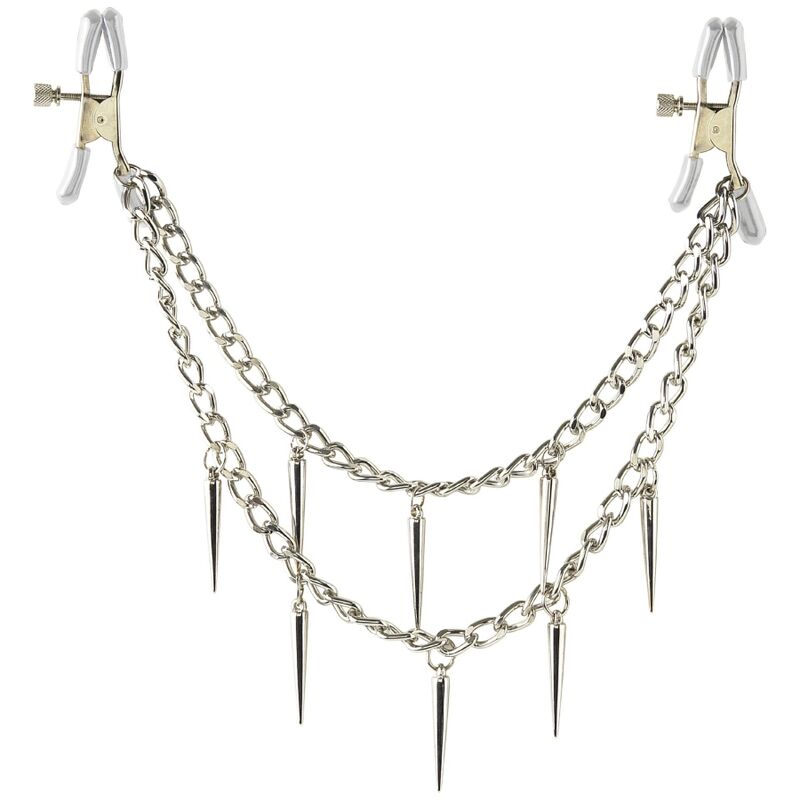 Fetish Fantasy Series Rock Hard: pinzas para pezones plateadas con cadenas y puntas colgantes.