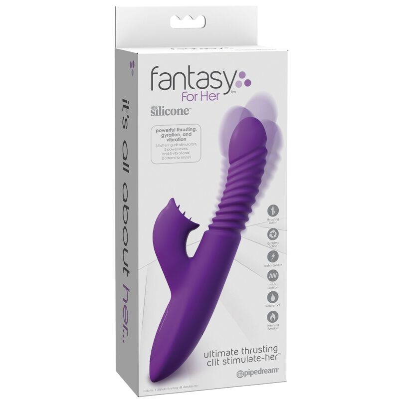 Caja del producto Fantasy For Her en blanco y violeta, con ilustración del estimulador.